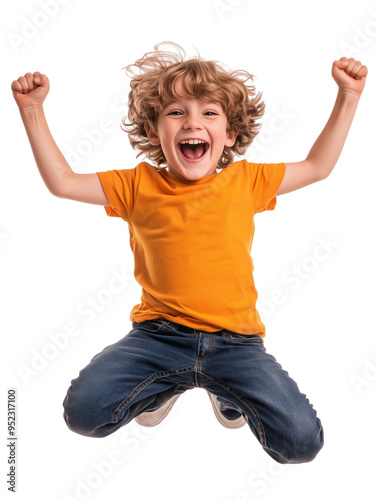 Young boy jumping with joy in orange t-shirt and blue jeans isolated on transparent background

 photo