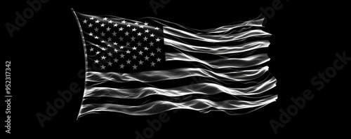 An American flag in black and white fluttering against a black backdrop