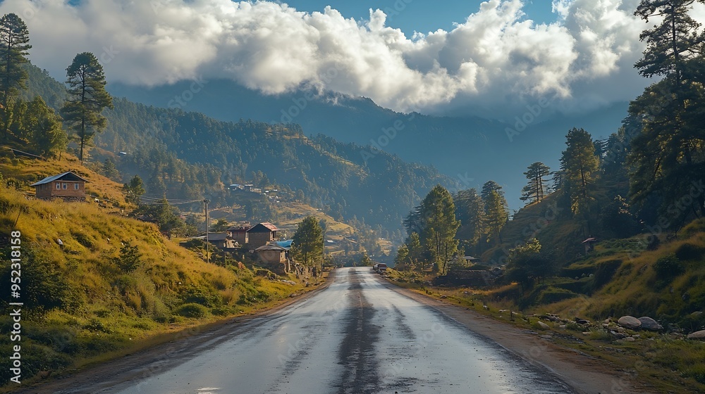 Fototapeta premium The road to the village with mountains and trees on the side as a backdrop : Generative AI