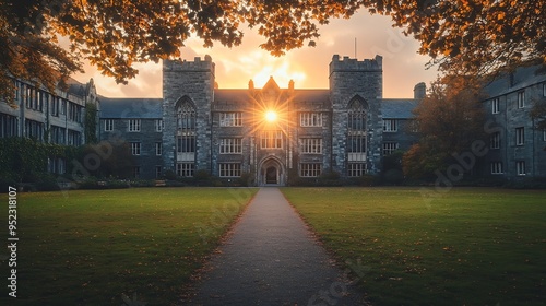 The University of Galway quadrangle at sunset in Ireland amazing architecture and landmark medieval building : Generative AI