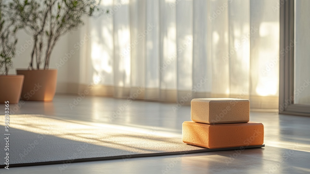 A pair of yoga blocks and a mat in a bright studio, with space for text in the background.