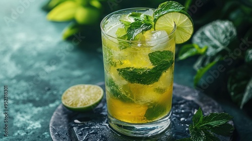 Isolated fresh mint mojito cocktail with lime wedges in a glass with ice cubes on a white background