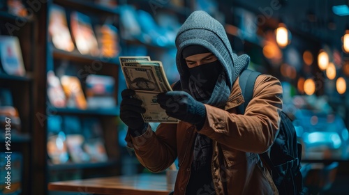 Thief wearing a black mask stealing a bill from an unattended backpack in a cafe photo