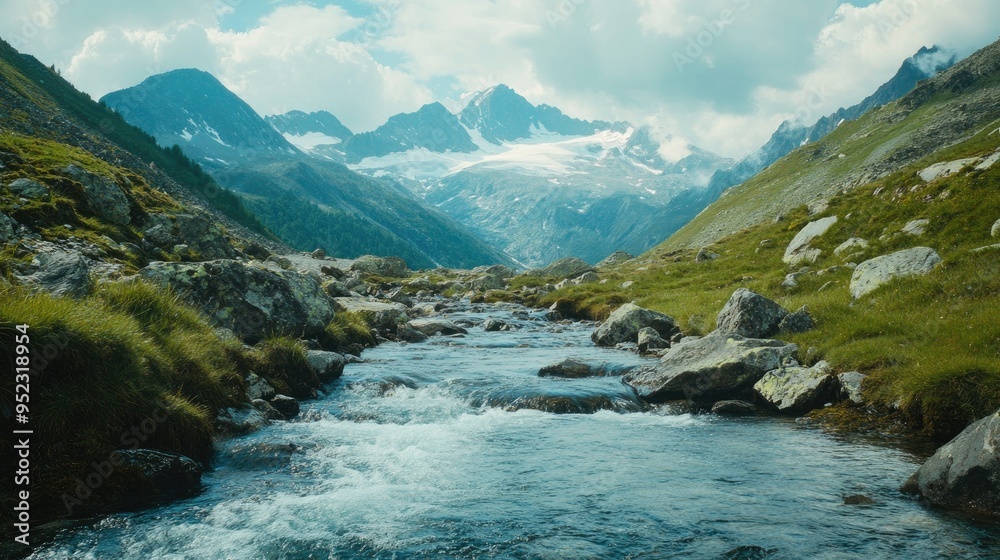 Obraz premium A serene mountain scene with a flowing stream, perfect for text overlay in the sky. No people.