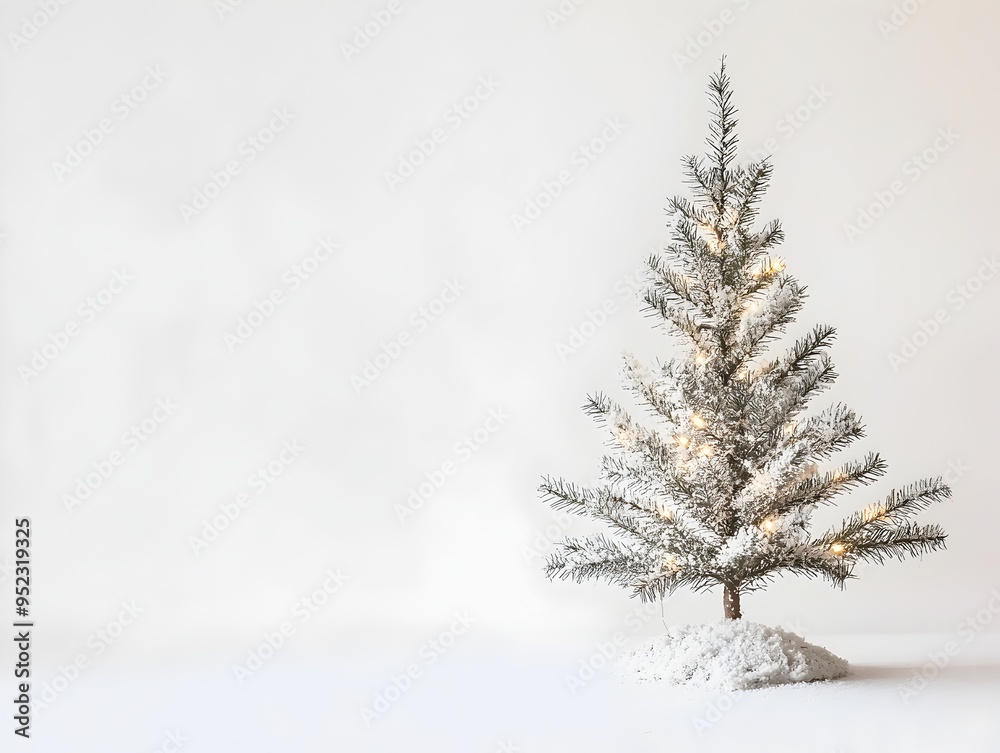 Lone Pine Tree Adorned with Shimmering Fairy Lights on Plain White Background Lone Pine Tree Adorned with Shimmering Fairy Lights on Plain White Background