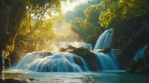 Kuang Si waterfalls in the jungle near Luang Phabang Luang Prabang Laos Asia : Generative AI photo