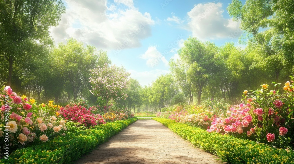 Fototapeta premium A tranquil garden path lined with blooming flowers, with space for text in the sky.