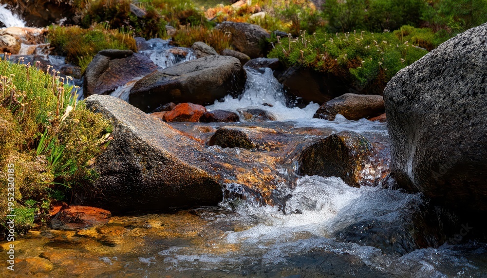 Fototapeta premium A bubbling spring feeds the small stream, its waters rich in minerals. Watercress grows abundantly along the banks, while crayfish scuttle beneath submerged logs.