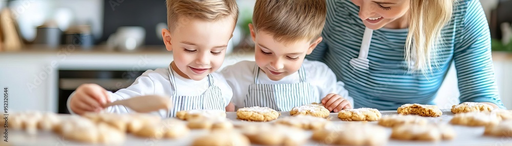 Mother and son baking cookies together in a cozy kitchen, warm family moment, homey atmosphere Mother and son baking cookies together in a cozy kitchen, warm family moment, homey atmosphere