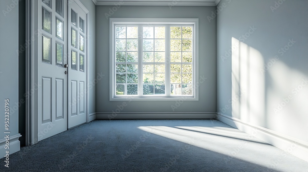 Fototapeta premium a empty bedroom with carpet and a window and bright walls great for virtual staging interior design : Generative AI