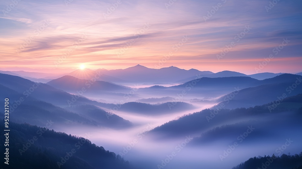 Obraz premium Sunrise Over Misty Mountain Range. Beautiful Landscape Shot Sun Rising Mist Mountains. 