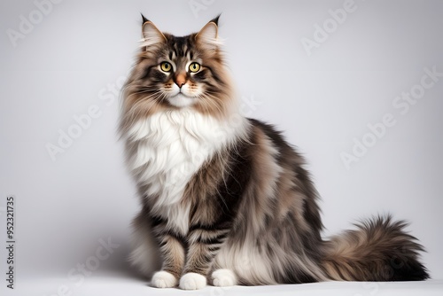 A beautiful Norwegian forest cat with a thick fur coat and bushy tail sitting proudly on a white background, Ai Generated photo