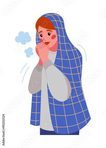 Cold weather. Freezing woman. Girl shivering and suffering from frost. Winter season. Warm outerwear. Low temperature. Unhappy trembling person. Frosty breath steam. Wintertime clothes. Vector concept