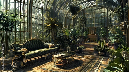 Vintage gothic style botanical garden hall interior with a cozy and comfy sofa