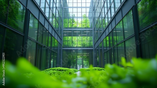 A green courtyard between the glass facades of an office building in Berlin : Generative AI