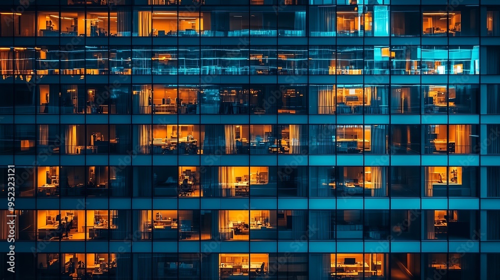 Pattern of office buildings windows illuminated at night Glass architecture corporate building at night business concept Blue graphic filter : Generative AI Pattern of office buildings windows illuminated at night Glass architecture corporate building at night business concept Blue graphic filter : Generative AI
