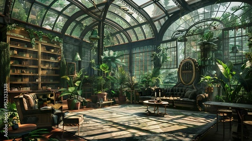 Victorian style elegant greenhouse living room interior in botanical garden modern home
