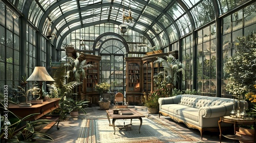 Victorian style elegant greenhouse living room interior in botanical garden modern home