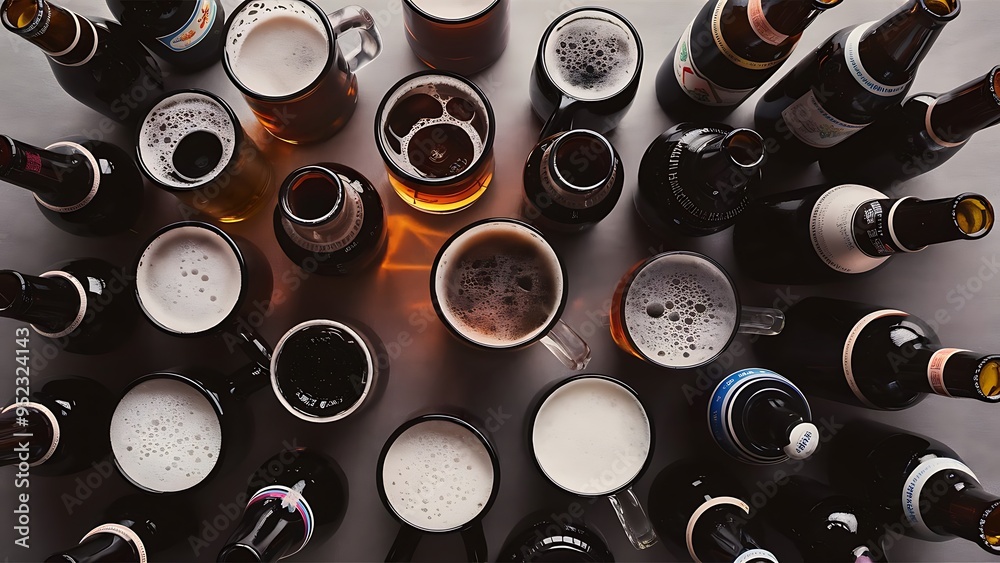 Fototapeta premium Close up view of bottles and mugs of beer on grey background