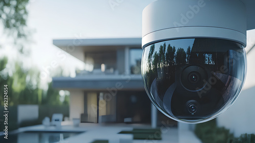 Close-up view of a modern home security camera monitoring vigilantly, showing details of advanced technology and vigilance around the area