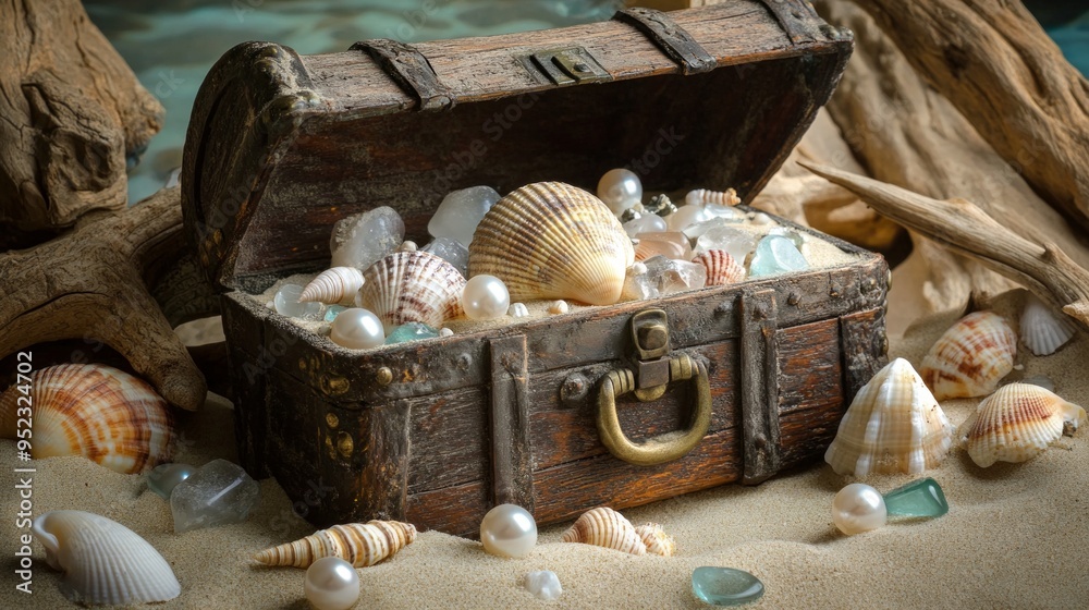 Treasure Shell A treasure chest overflowing with seashells and pearls. This image ...