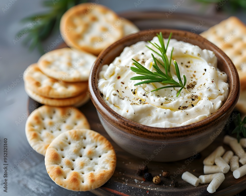 Creamy Cheese Spread with Herbs and Spices Served in Decorative Bowl with Crackers Creamy Cheese Spread with Herbs and Spices Served in Decorative Bowl with Crackers