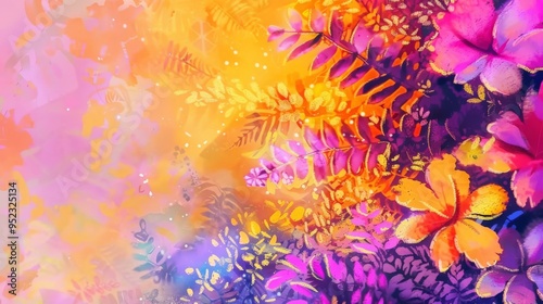 Vibrant floral background featuring colorful flowers and ferns blending in an artistic design, perfect for nature-themed projects.