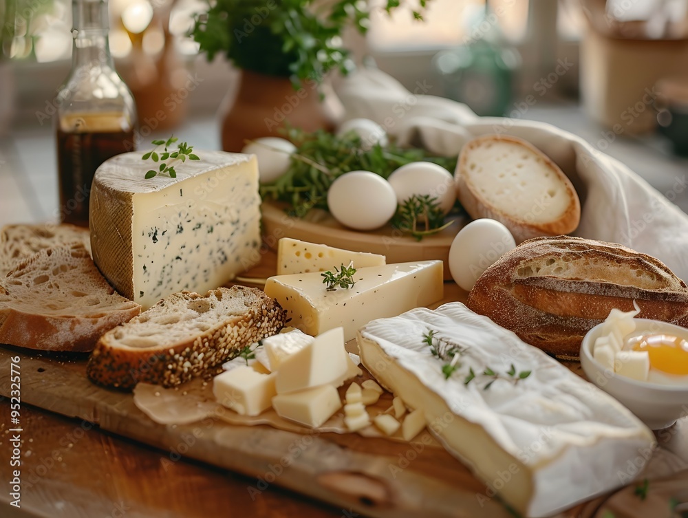 Rustic Breakfast Platter with Assorted Cheeses  Freshly Baked Bread  and a Boiled Egg in a Cozy Kitchen Setting