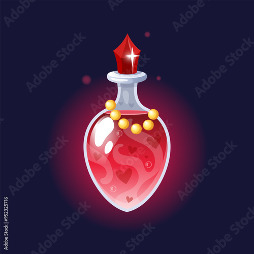 Magic potion. Elixir bottle. Mystery purple liquid. Magical poison. Fairy drink. Glass vial. Shiny gemstone. Wizard chemistry. Game asset. Alchemy lab. Fantasy beverage jar. Vector witchcraft phial