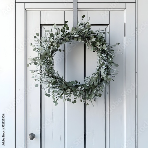 Minimalist and Modern Christmas Wreath Hanging on a Contemporary Wooden Door with a Scandinavian Inspired Style