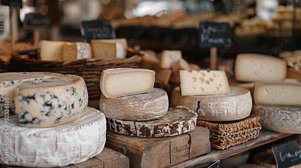 Artisanal Cheese Market Stall with Diverse Cheese Selections for Tasting and Buying Artisanal Cheese Market Stall with Diverse Cheese Selections for Tasting and Buying