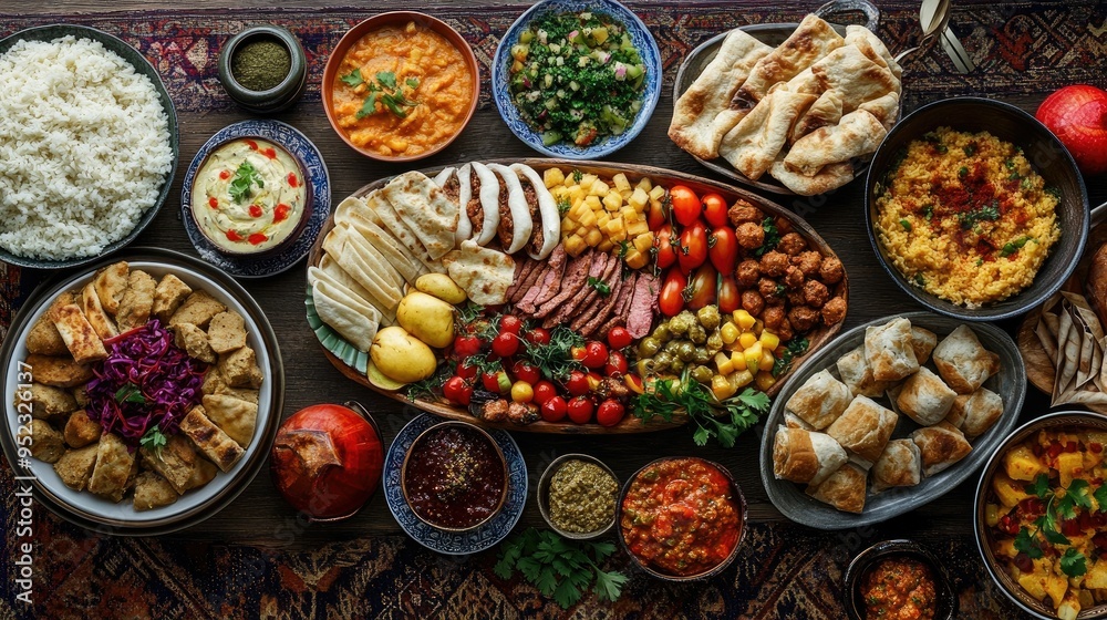 A beautifully arranged food platter featuring traditional dishes from different countries, celebrating global food heritage on World Food Day. A beautifully arranged food platter featuring traditional dishes from different countries, celebrating global food heritage on World Food Day.