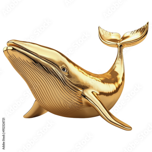 Golden whale sculpture isolated on transparent background with shiny metallic finish.

 photo