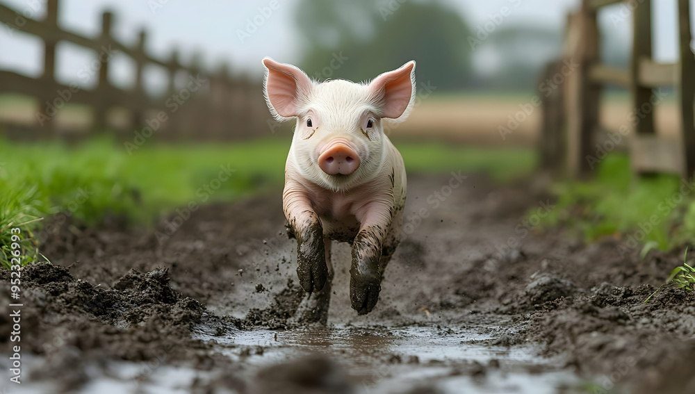 A playful piglet running joyfully through a muddy path on a farm, surrounded by green grass and wooden fences. A playful piglet running joyfully through a muddy path on a farm, surrounded by green grass and wooden fences.