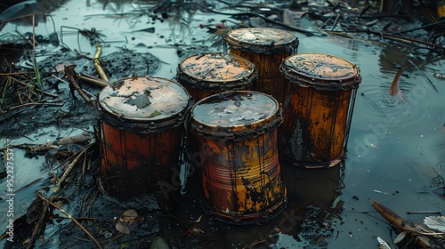 Five rusty, wooden barrels sit submerged in muddy water, reflecting the cloudy sky above. photo