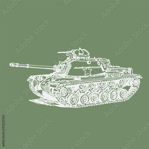 M 48 tank. Military vehicle. Hand drawing.