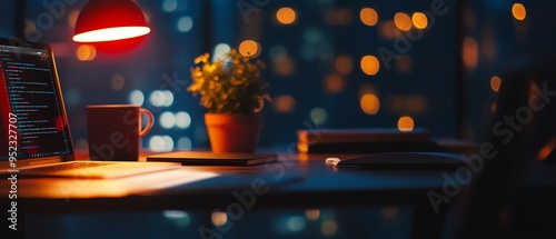 A cozy workspace at night featuring a lit desk lamp, laptop, and plant, illuminated by the soft glow of city lights outside.