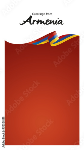 Greetings from Armenia. Editable Instagram template for Stories and Reels. Social media template second page with Armenia flag ribbon and editable frame photo