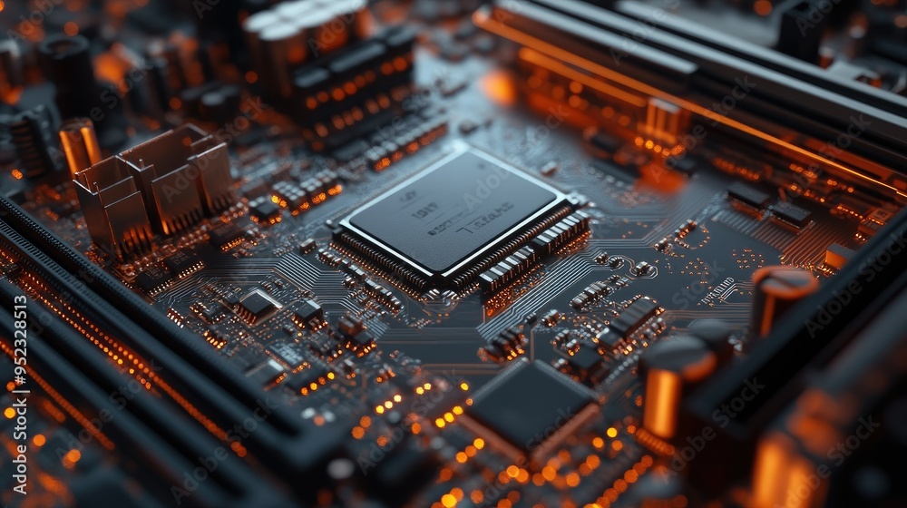 A close-up of a computer motherboard with installed components, highlighting the intricate circuitry. A close-up of a computer motherboard with installed components, highlighting the intricate circuitry.