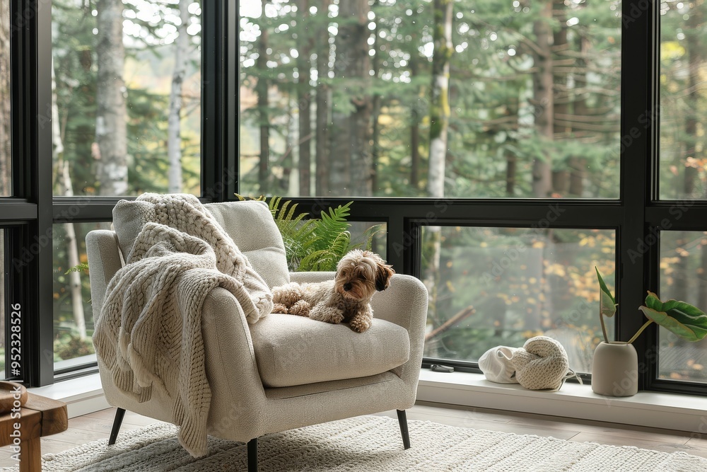 Dog on Armchair in Modern White Living Room with Large Windows, Soft Blankets, Plants, and Light Grey Carpet, Cozy Minimalist Style Dog on Armchair in Modern White Living Room with Large Windows, Soft Blankets, Plants, and Light Grey Carpet, Cozy Minimalist Style