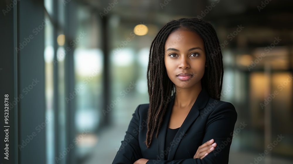 Fototapeta premium A young professional woman with long braided hair stands confidently in front of a modern office building with glass windows