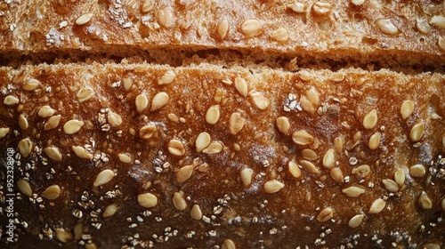 Close-up macro shot of a slice of whole grain bread with visible seeds and grains showcasing texture and detail
