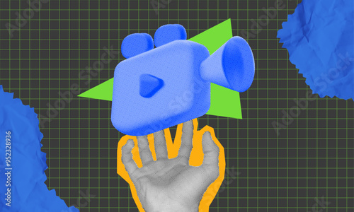 halftone collage, Vibrant 3D video camera icon held by a hand,  perfect for content creation, video production, or streaming-related themes. Boosts visual appeal for media projects