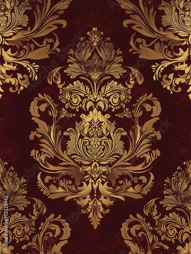 Rich burgundy and gold damask pattern, showcasing elegant floral motifs.