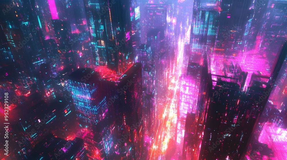 Fototapeta premium Dazzling Cityscape with Vibrant Neon Lights and Towering Skyscrapers in Futuristic Metropolis