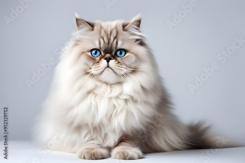 A fluffy Persian cat with blue eyes sitting gracefully on a white background, AI Generated