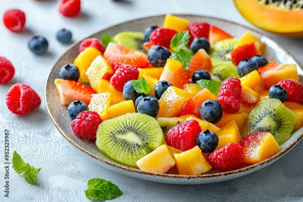 Fresh Fruit Salad with Mango, Kiwi, Raspberries, and Blueberries Fresh Fruit Salad with Mango, Kiwi, Raspberries, and Blueberries