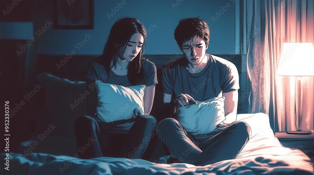 A couple sitting on the edge of a bed, holding a pillows, looking distraught A couple sitting on the edge of a bed, holding a pillows, looking distraught