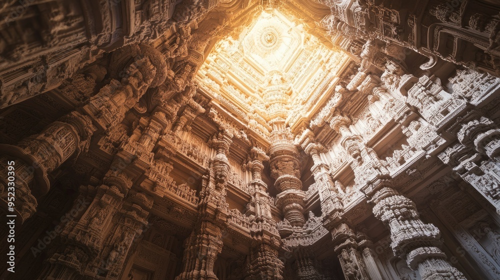 Intricate Jain temple ceiling carvings viewed from below, no people, light filtering through, copy space Intricate Jain temple ceiling carvings viewed from below, no people, light filtering through, copy space