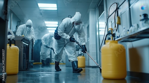 Pest control team using advanced tools and equipment in a commercial setting, highlighting efficiency and detailed professional approach